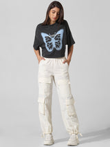 Women's Black Knitted Casual Printed Cropped Half Sleeves Tshirt