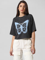 Women's Black Knitted Casual Printed Cropped Half Sleeves Tshirt