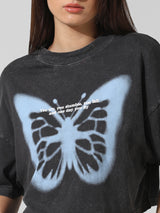 Women's Black Knitted Casual Printed Cropped Half Sleeves Tshirt