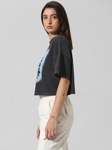 Women's Black Knitted Casual Printed Cropped Half Sleeves Tshirt
