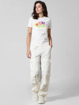 Women's Beige Knitted Casual Printed Regular Fit Half Sleeves Tshirt