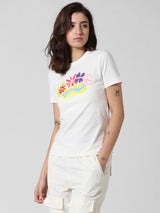 Women's Beige Knitted Casual Printed Regular Fit Half Sleeves Tshirt