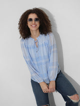 Women's Blue Woven Casual Checked Regular Fit Full Sleeves Top