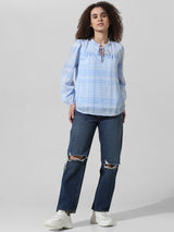 Women's Blue Woven Casual Checked Regular Fit Full Sleeves Top