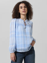 Women's Blue Woven Casual Checked Regular Fit Full Sleeves Top