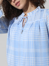 Women's Blue Woven Casual Checked Regular Fit Full Sleeves Top