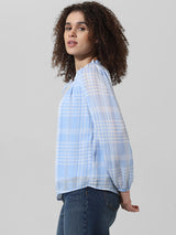 Women's Blue Woven Casual Checked Regular Fit Full Sleeves Top