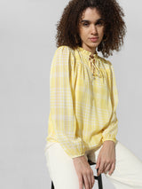 Women's Yellow Woven Casual Checked Regular Fit Full Sleeves Top