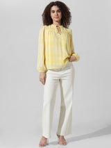 Women's Yellow Woven Casual Checked Regular Fit Full Sleeves Top