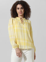 Women's Yellow Woven Casual Checked Regular Fit Full Sleeves Top