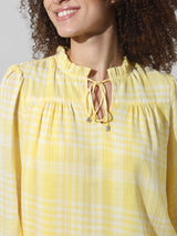 Women's Yellow Woven Casual Checked Regular Fit Full Sleeves Top