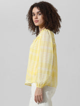 Women's Yellow Woven Casual Checked Regular Fit Full Sleeves Top