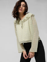 Women's Green Woven Casual Printed Regular Fit Full Sleeves Top