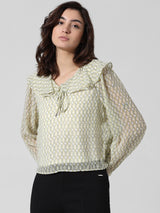 Women's Green Woven Casual Printed Regular Fit Full Sleeves Top