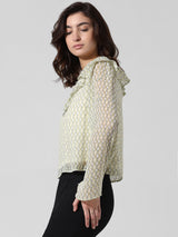 Women's Green Woven Casual Printed Regular Fit Full Sleeves Top