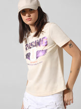 Women's Beige Knitted Casual Printed Regular Fit Half Sleeves Tshirt
