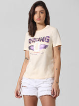 Women's Beige Knitted Casual Printed Regular Fit Half Sleeves Tshirt
