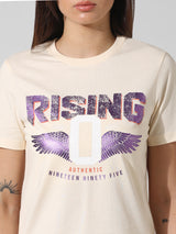 Women's Beige Knitted Casual Printed Regular Fit Half Sleeves Tshirt