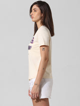 Women's Beige Knitted Casual Printed Regular Fit Half Sleeves Tshirt