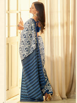 Women's Bhagalpuri Silk White Printed Designer Saree with Blouse Piece