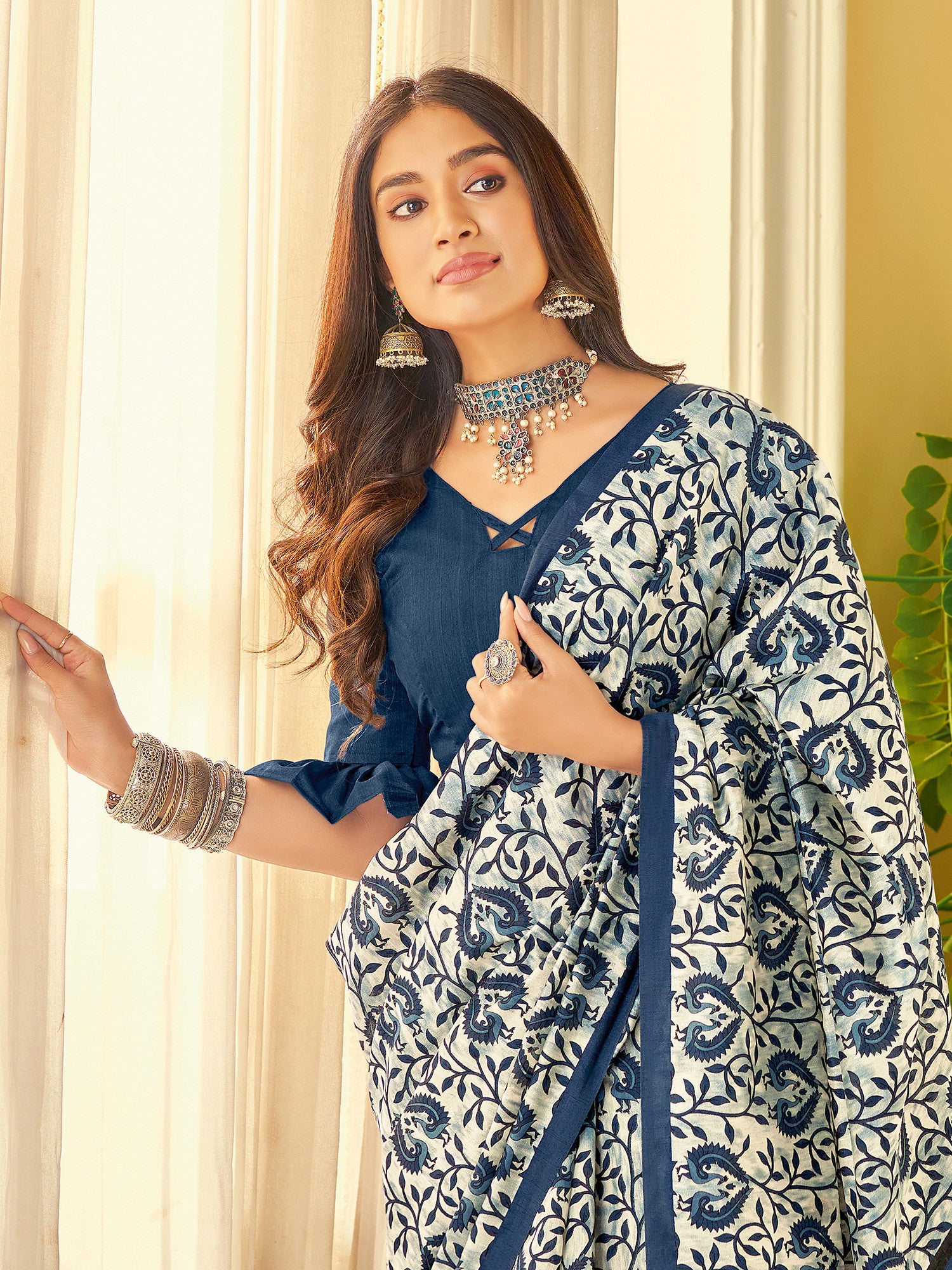 Women's Bhagalpuri Silk White Printed Designer Saree with Blouse Piece