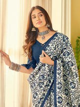 Women's Bhagalpuri Silk White Printed Designer Saree with Blouse Piece
