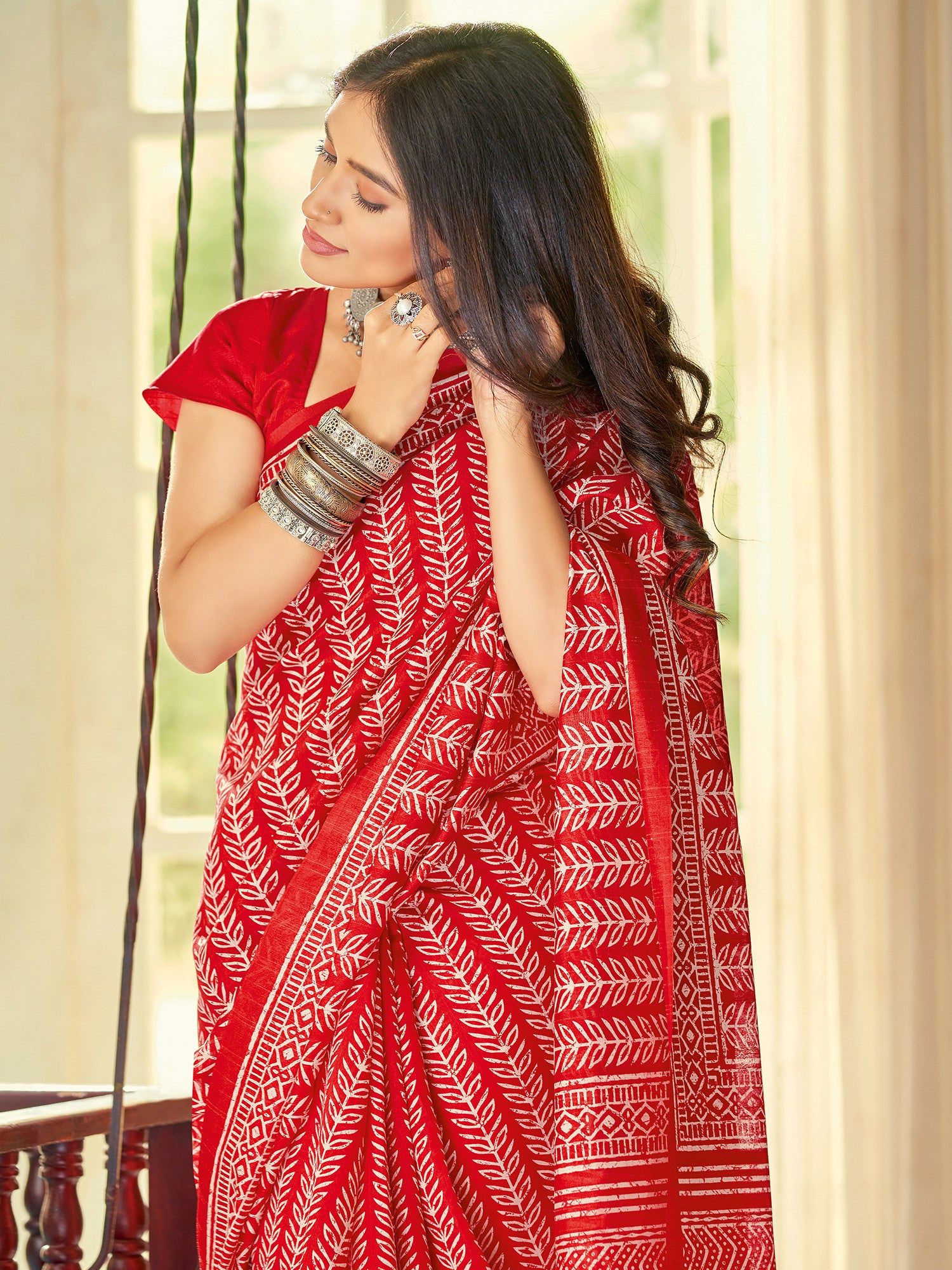 Women's Bhagalpuri Silk Red Printed Designer Saree with Blouse Piece