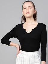 Women's Black Rib V-Neck T-Shirt