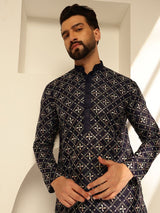 Men's Navy Cotton Silk Thread Embroidered Long Kurta with Golden Accents