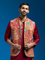 Men's Multicolor Crepe Printed Embroidered Sequinned Full Sleeves Nehru Jacket