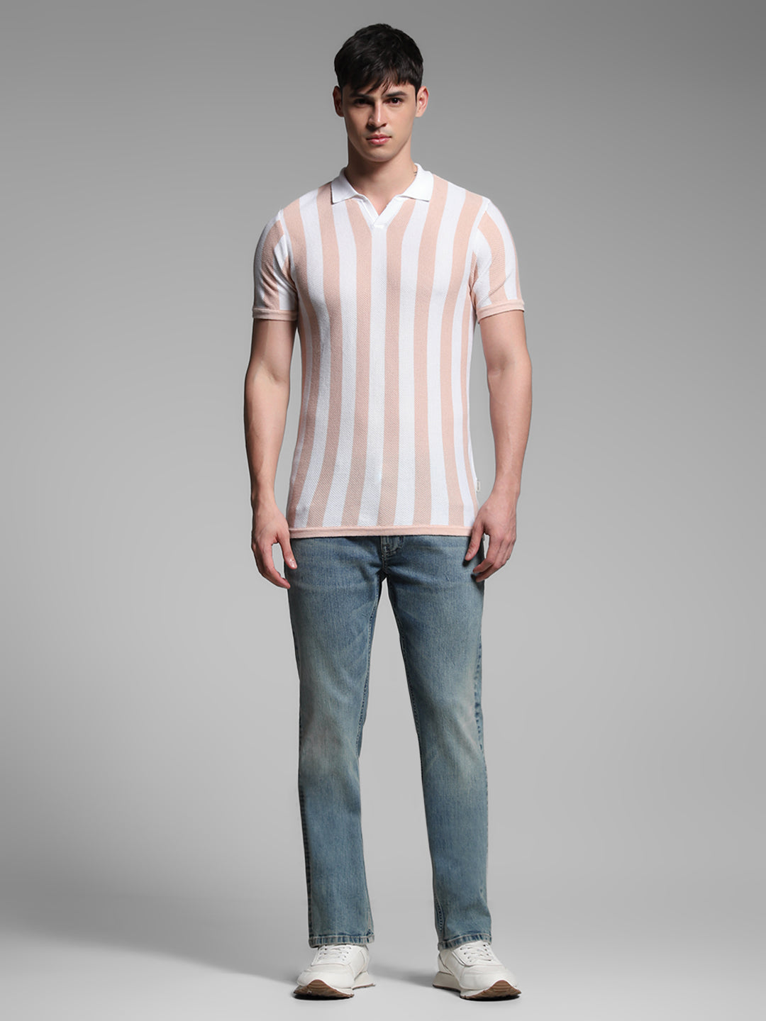 Men's Pink Casual Regular Fit Striped Half Sleeves Polo Tshirt