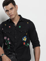 Men's Black Casual Regular Fit Floral Full Sleeves Shirt