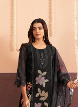 Women's Black Festive Regular Fit Embroidered Three Quarter Sleeves Kurtas Sets