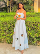 Women's Blue Off Shoulder Heart Printed Smocking Dress
