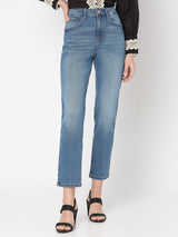 Women's Blue Mid Rise Straight Fit Jeans