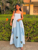 Women's Blue Off Shoulder Heart Printed Smocking Dress
