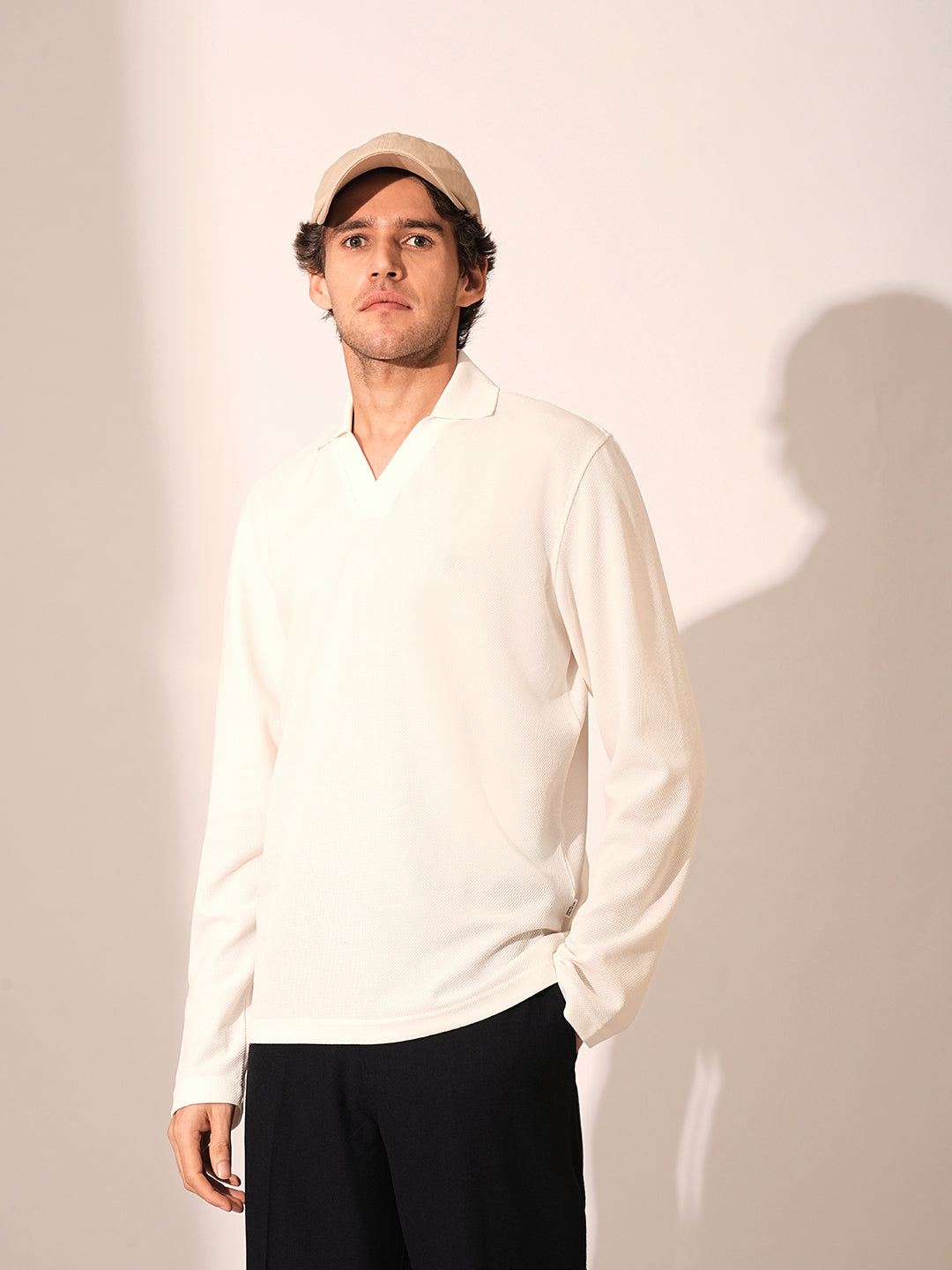 Men's White Casual Regular Fit Solid Long Sleeves Polo Tshirt
