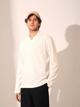 Men's White Casual Regular Fit Solid Long Sleeves Polo Tshirt