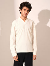Men's White Casual Regular Fit Solid Long Sleeves Polo Tshirt