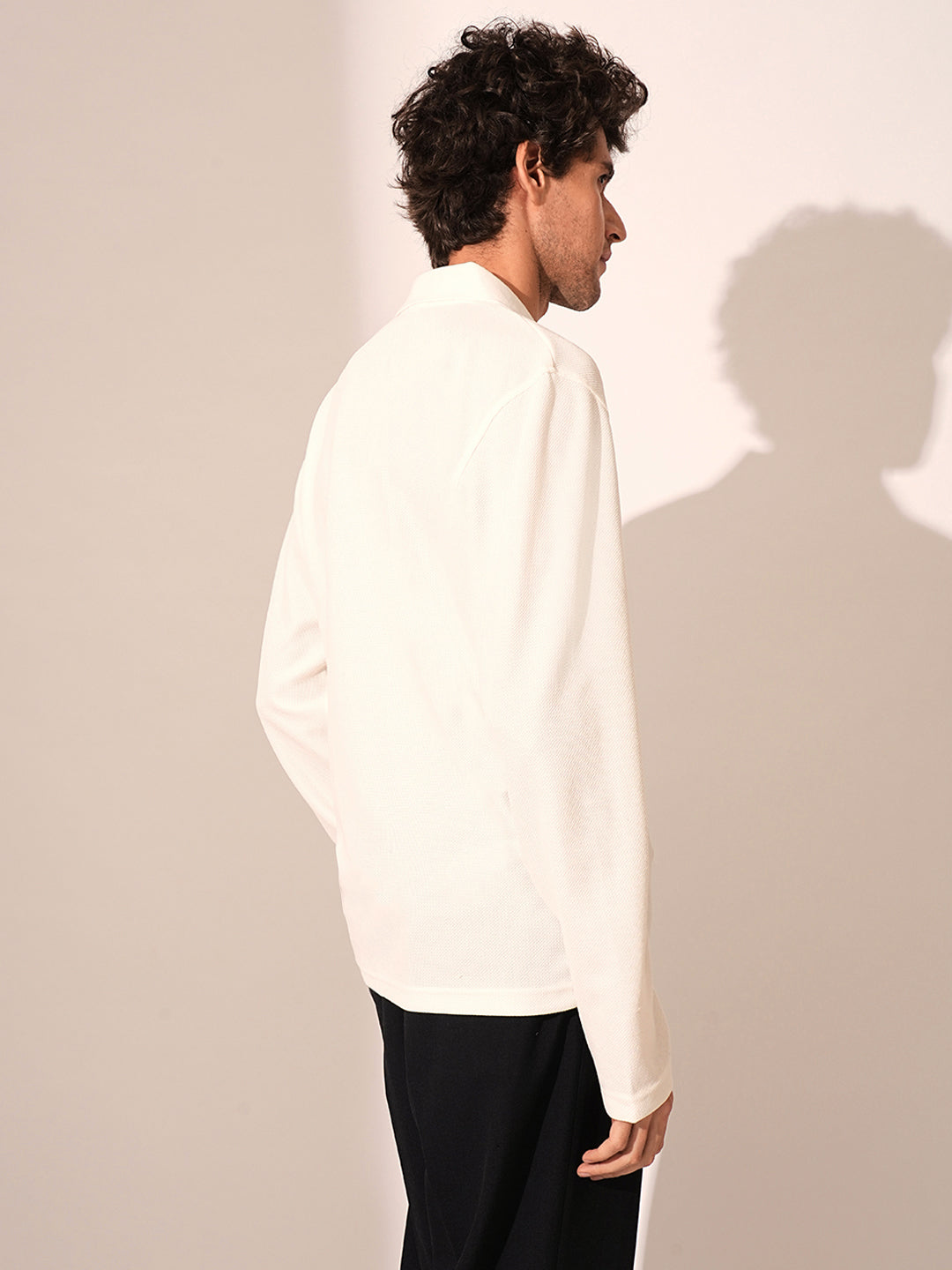 Men's White Casual Regular Fit Solid Long Sleeves Polo Tshirt