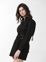 Women's Black Woven Casual Solid Regular Fit Full Sleeves Shirt