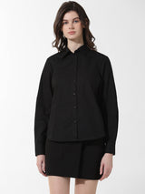 Women's Black Woven Casual Solid Regular Fit Full Sleeves Shirt
