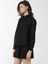 Women's Black Woven Casual Solid Regular Fit Full Sleeves Shirt