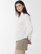 Women's White Woven Casual Solid Regular Fit Full Sleeves Shirt