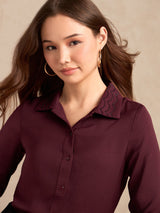 Women's Wine Regular Satin Embellished Collar Shirt