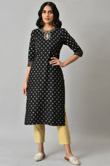 Women's Black Glitter Printed Rayon Straight Kurta With Embroidered Neck