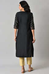Women's Black Glitter Printed Rayon Straight Kurta With Embroidered Neck
