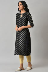 Women's Black Glitter Printed Rayon Straight Kurta With Embroidered Neck