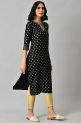 Women's Black Glitter Printed Rayon Straight Kurta With Embroidered Neck
