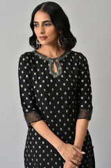 Women's Black Glitter Printed Rayon Straight Kurta With Embroidered Neck
